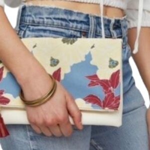 Anthropology Rachel Pally Womens Floral Canvas Zip Tassel Folded Clutch Handbag
